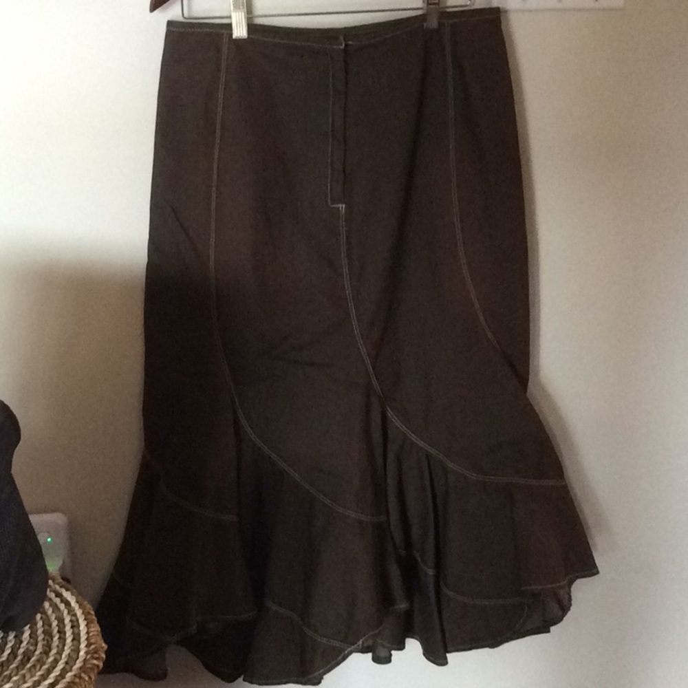 DENIM FITTED/ FLARED AT BOTTOM  BROWN SKIRT MIDI - Picture 4 of 7